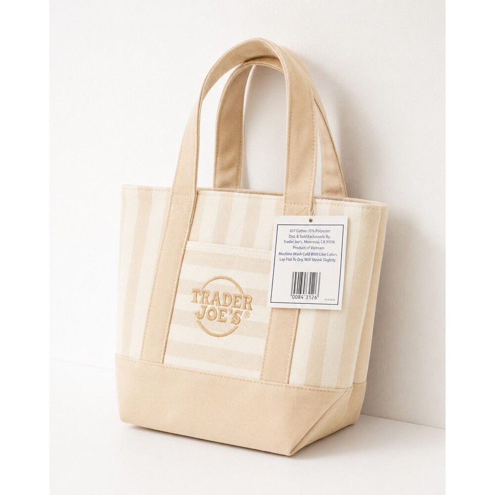 Trader Joe's Beige Striped Mini Canvas Tote Bag NWT Pastel Neutral Limited 2026